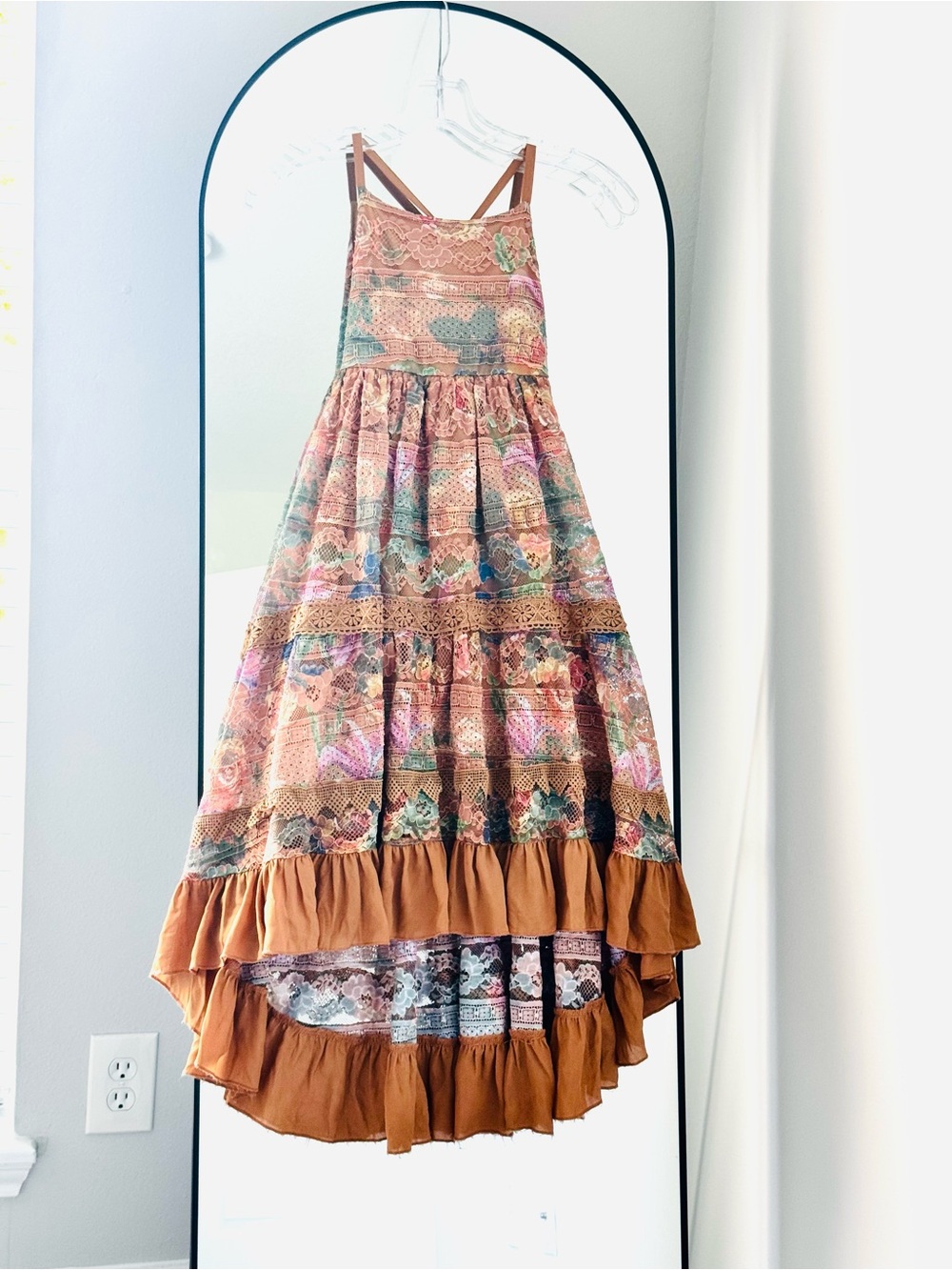 Girls Boho Coquette Mustard Floral Lace Maxi High Low Dress, Flower Girl